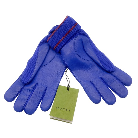 GUCCI BLUE 2022 LOGO WOOL KNIT AND LAMBSKIN LEATHER KELSO GLOVES - Picture 2 of 9
